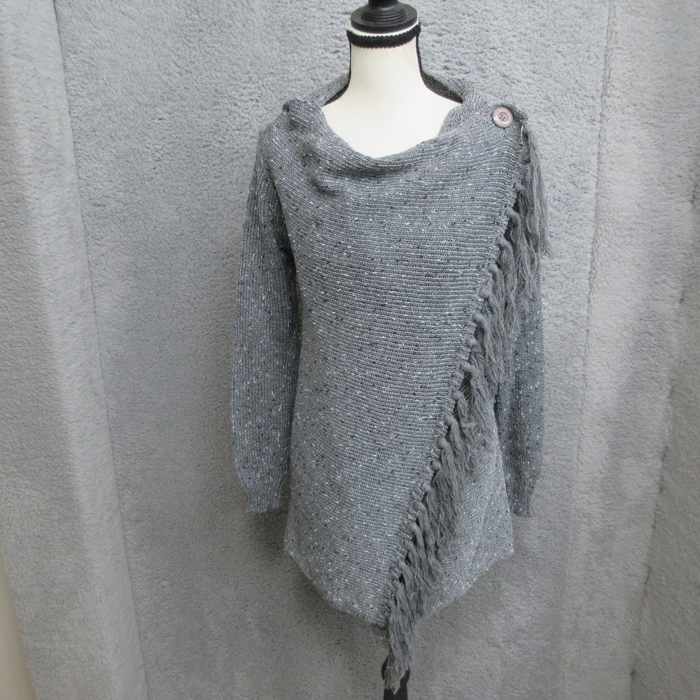 Fringe Cardigan Sweater Womens S Gray Asymmetrical Cowl Neck Lagenlook Boho
